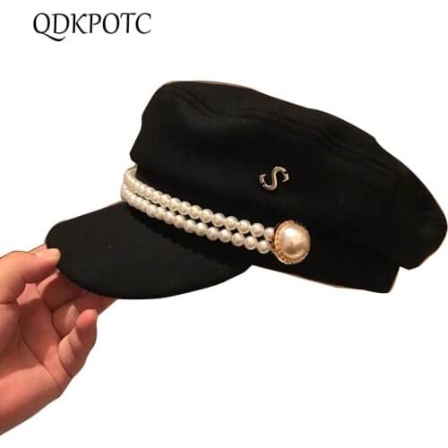 2021 Women New Hat Autumn Winter Hand Stitch Pearl Military Hats Fashion England Woolen Cloth Simplicity Casual Cap QDKPOTC