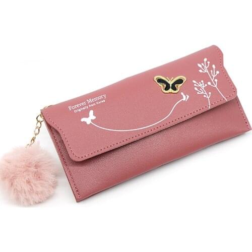 Fashionable New Women Long Wallets Pure Color Wool Ball Bow Clutch Bag Womens Long Bag Card Bag Coin Purse