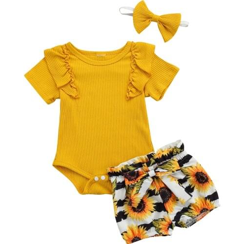 0-3Y 3pcs Baby Girls Clothes Sets Ruffles Short Sleeve Solid Romper Sunflowers Shorts Headband Summer Clothing