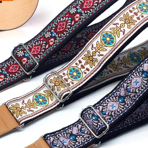 Guitar Strap Embroidered Belt Adjustable Vintage Jacquard Band with Leather End for Bass Acoustic Guitar Musical Instrument