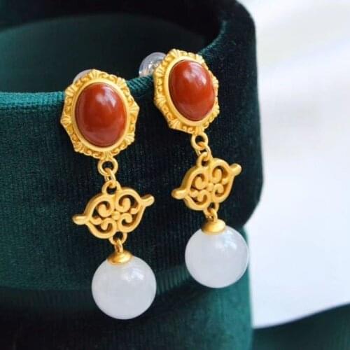 Vintage Court Style Eardrops Natural Full of Meat South Red Hetian Jade White Jade Sterling Silver Gold Plated Lasting Color Pro