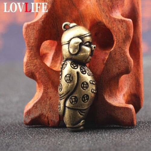Antique Copper Chinese Mr. Pig Lucky Keychain Pendants Vintage Brass Wealth Pig Key Chain Ring Hanging Jewelry Men Car Keyrings