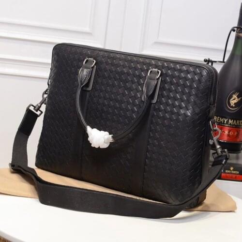 Men Cowhide Woven Shoulder Bag Multifunction High Quality Luxury Business Large Capacity Cowskin Genuine Leather Top-Handle Bags