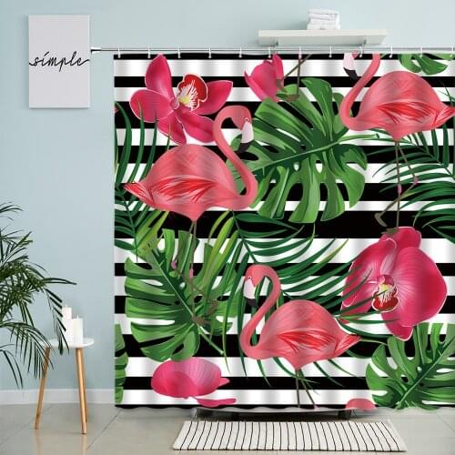 Tropical Flamingo Shower Curtain Flowers Green Plants Palm Leaves Jungle Animal Birds Bathroom Waterproof Curtains Home Decor