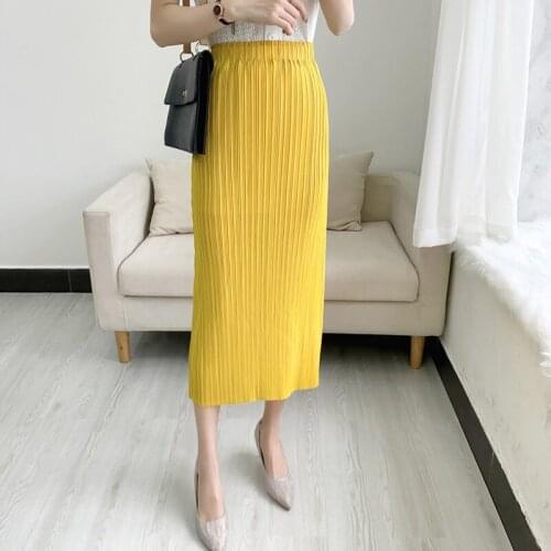 Miyake pleated woman casual skirt back slit 2021 summer new mid-calf fashion thin solid hip skirt for woman