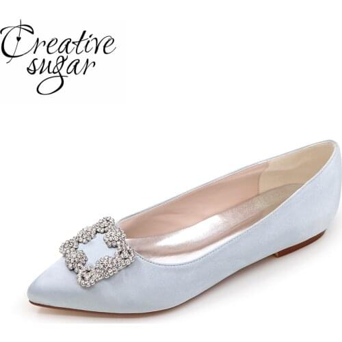 Creativesugar Pointed toe square crystal brooch woman flats slip on satin dress shoes mother of bridal Silver purple blue red