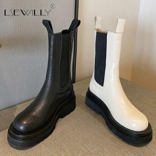 Lsewilly Size 33-43 Fashion Genuine Leather Boots Women Thick Sole Chelsea Boots British Style Winter Platform Ankle Boots