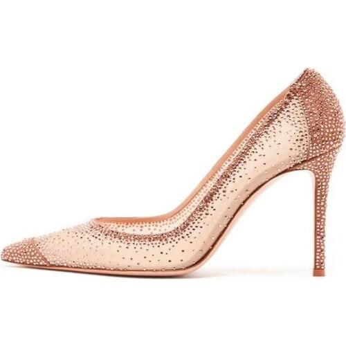 Luxury Bling Bling Champagne Crystal Wedding Shoes Bride Pointed Toe Low Cut Thin Heels Women Pumps 9CM Rhinestone Ladies Shoes