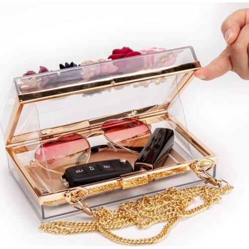 Women PVC+ fabric Flower Clutches Crossbody Floral Purse With Gold Chain Pearls Beaded Evening Bags For Wedding Prom Banquet I