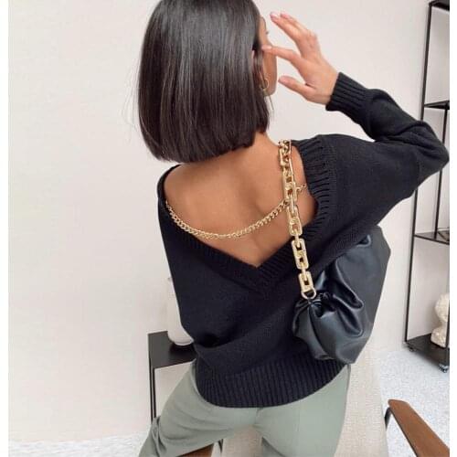 Yuqung Women V Neck Chain Long Sleeve Loose Casual Sweater Solid Pullover Knitted Jumper Waistcoat Knitwear Tops Streetwear
