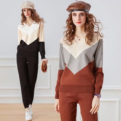 Women Sweatersuit Fall Winter New Fashion V-Neck Long Sleeve Splicing Striped Pullover And Pants Knitted Tracksuit 2 Piece Set