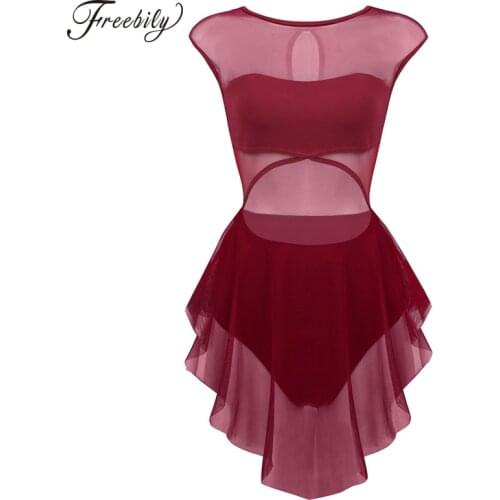 New Sleeveless Cut Out Front Asymmetric Mesh Women Ballet Dress Leotard Gymnastics Bodysuit Ballet Dancewear Performing Clothes