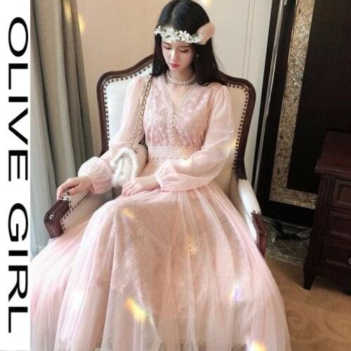2021 Fairy Clothes Long Sleeve Strap Maxi Skater Dress Harajuku Cottagecore Robe Pink Summer Mesh Dresses For Women Party Casual