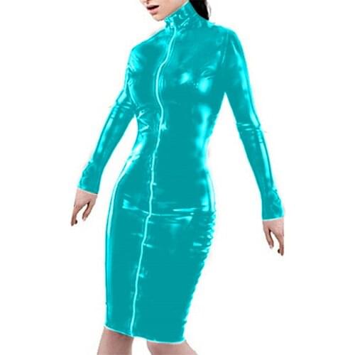 Sexy High Neck Zipper Front Midi Dress Long Sleeve Faux leather Bodycon Dress Party Club Summer Midi Pencil Dress plus size 7XL