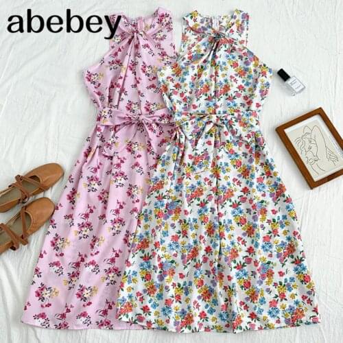 Temperament V-neck sleeveless off shoulder Dress high waist bandage print mid-long kink halter Dress 2021 New Summer