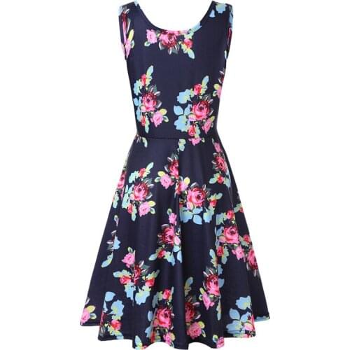 Summer Rose Flower Print Dress Women O-Neck Sleeveless Tank Casual Big Hem Black A-line Dress
