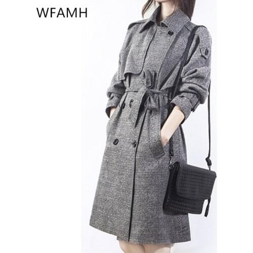 2020 New fashion Spring autumn warm Woolen coat female Casual loose plus size Houndstooth Belt Woolen Jacket women cothes tops