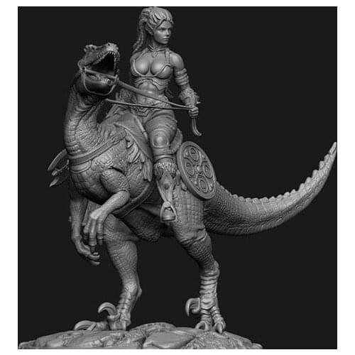1/24 75mm ancient fantasy woman warrior and dinosaur Resin figure Model kits Miniature gk Unassembly Unpainted