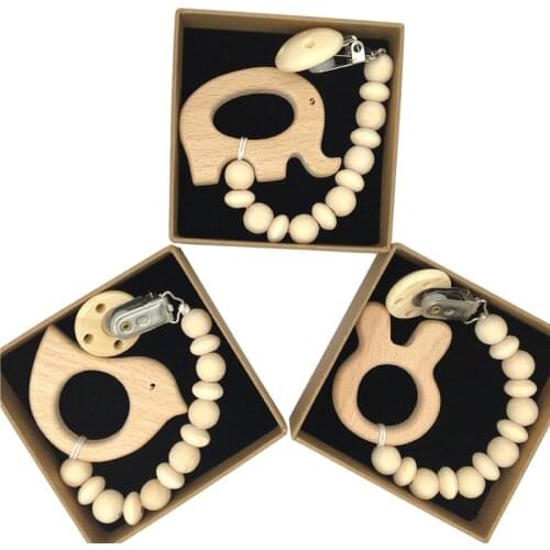 1Pc Baby Teether Organic Wooden Animal Teether Natural Teething Grasping Toy Silicone Bead Toddler Teether Newborn DIY Baby Gift