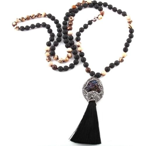 Fashion Bohemian Jewelry 108pc Natural Stone Knotted Druzy & Tassel Pendant Necklace For Women Ethnic Necklace