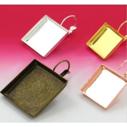 200PCS French Ear Hook 25*25MM Silver/Gold/Antique Bronze Elastic Earring Square High Side with Setting Tray for Glass Cabochon
