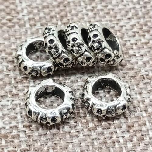 6 Pieces of 925 Sterling Silver 6-sided Skull Beads 5mm Large Hole Spacers for Bracelet