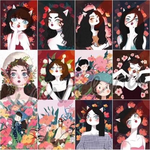 Diy 5D Cartoon Diamond Painting Sexy Cat Girl Mosaic Embroidery Red Flower Full Drill Round Rhinestone Cross Stitch Home Decor