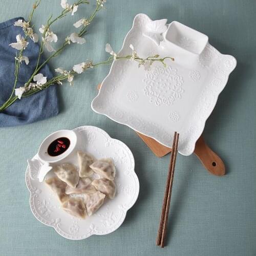 White Porcelain Embossed Snack Plates Ceramic Dumpling Plate with Sauce Dish Cake Potato Chip Tray Party Serving Plate Tableware
