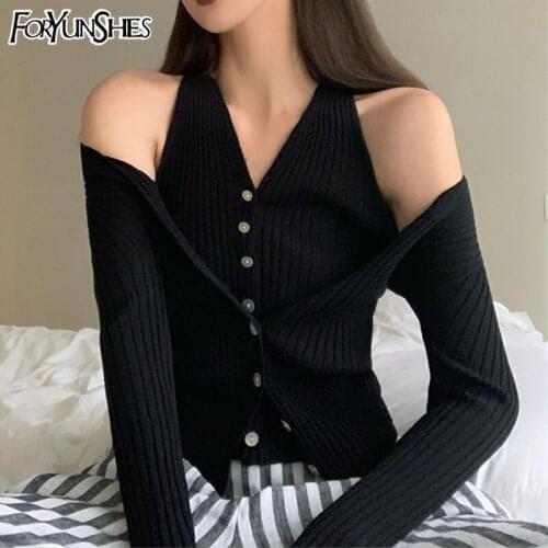 Fake Two Piece Set Women Off Shoulder Long Sleeve Button Up Cardigan Sweater Vintage Knitted Soft Y2K Clothes 2021 Autumn