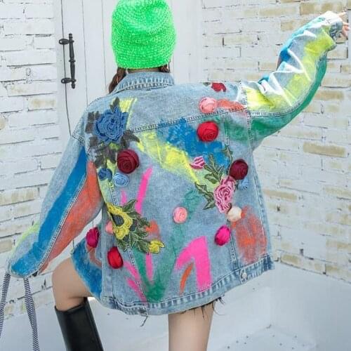 2021 Autumn New Heavy Industry Hand-Painted Denim Jackets Women Fashion Three-Dimensional Flowers Long Sleeve Streetwear Coats