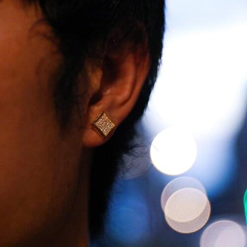 D&Z 1Pair Micro Full Paved Rhinestone Zircon CZ Square Bling Iced Out Stud Earring Gold Copper Earrings For Men Jewelry