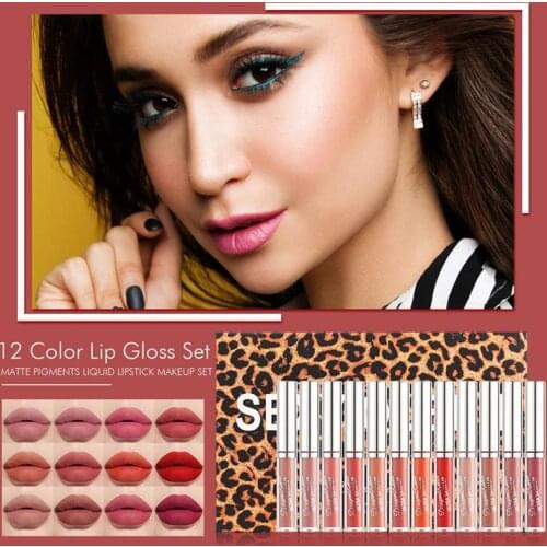 12 Color Matte Lip Gloss Makeup Kit Non-Stick Lipstick Moisturizing Lipgloss Women Makeup Lipstick Cosmetics Maquiagem Makeup