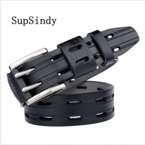 SupSindy Leather Men Belt Double Pin Alloy Buckle Cowhide Male Waistband Black Luxury Genuine Leather Belts for Men high quality