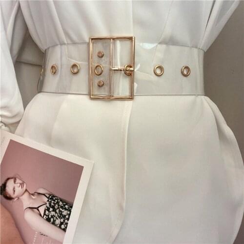 Transparent Fashion Womens Width Belt Square Garden-Shaped Gold Buckle With Porous All-Match Overcoat Dress Simple Strap