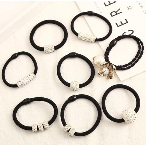5pcs/lot Full Crystal Rubber Bands Hair Accessories For Women Black Elastic Hair Girls Lovely Hair Ropes Ponytail Holder Tie