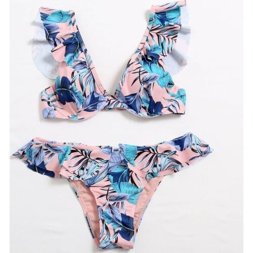 Sexy Triangle Ruffle Bikinis Women Ruffled Swimwear Tied String Push Up Bikini Set Falbala Bathing Suit Female Biquini Beachwear