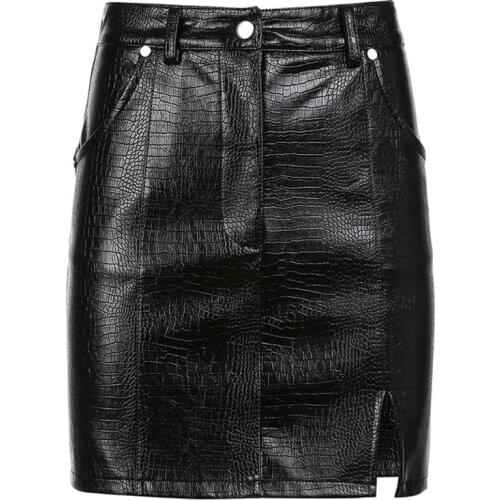 Womens High Waist Crocodile Pattern Split Hem Faux Leather Black Mini Skirt Button Zipper Package Hip A-Line Bodycon Party Clubw