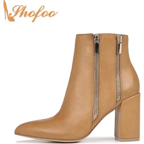 Brulee High Chunky Heels Ankle Boots Woman Pointed Toe Double Zipper Detail Booties Large Size 11 15 Ladies Fashion Shoes Shofoo