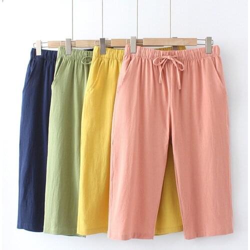 Plus Size Pants With Pockets Natural Cotton And Linen Fabric Elastic Waist Candy Color Thin Trousers For Fatlady Wear In Summer