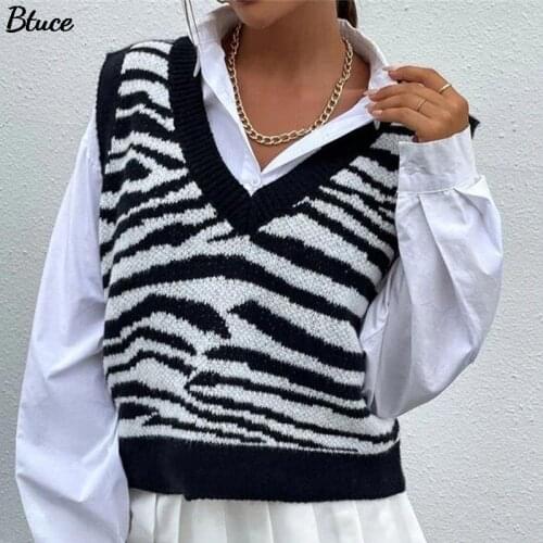 V Neck Knitted Vest Women New Korean Fashion Zebra Pattern Sleeveless Sweaters Waistcoat For Outwear Spring And Autumn 2021
