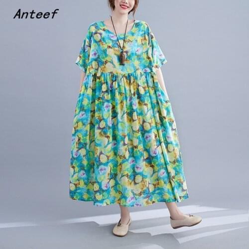 Short sleeve cotton vintage floral dresses for women casual loose long woman summer dress elegant clothes 2021 sundress