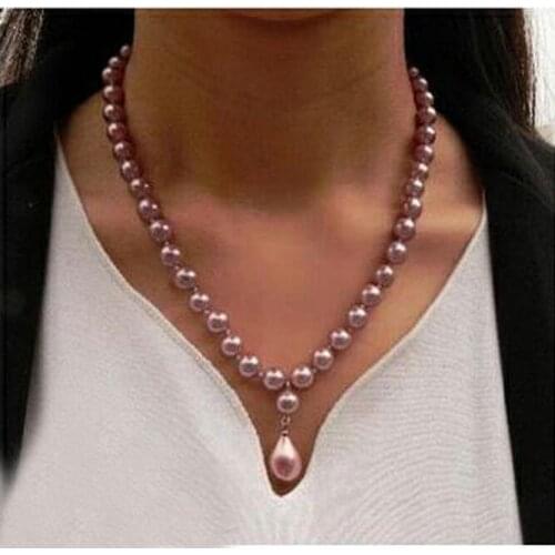 Woman jewelry necklace 8mm round bead Bright purple Natural SOUTH SEA SHELL PEARL 12mm pendant NECKLACE 18'' 45cm