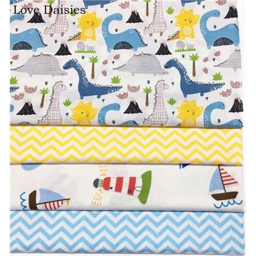 100% Cotton BLUE YELLOW Cartoon Ship Whale Lighthouse Dinosaur Chevron Twill Cloth Fabrics For Bedding Sheet Handwork Home Decor