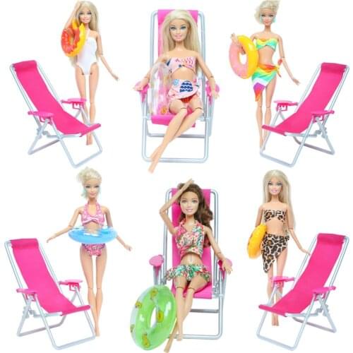 3 Pcs/Lot = 1x Swimsuit Bikini + 1x Random Swimming Buoy Lifebelt Ring +1x Pink Foldable Beach Chair Accessories for Barbie Doll