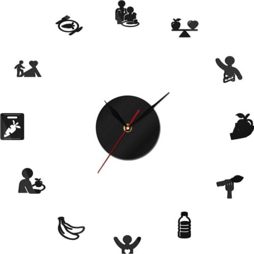 Healthy Eating Nutritionist DIY 3D Mirror Surface Wall Clock Nutrition Care Size Adjustable Mute Watch Kitchen Dinning Room Art