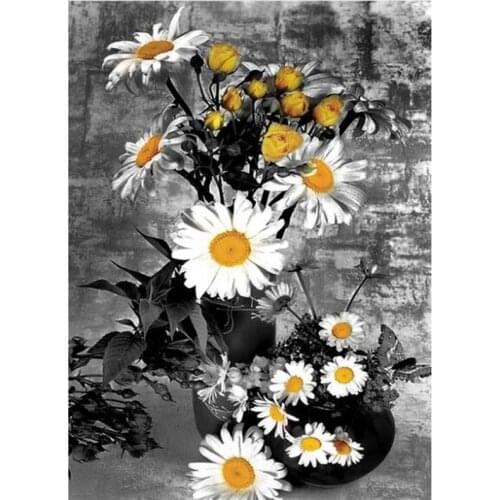 5D Diamond Embroidery Daisy Flowers Diy Diamond Painting Cross Stitch Square Round Mosaic rhinestone black white StickerZP-2435