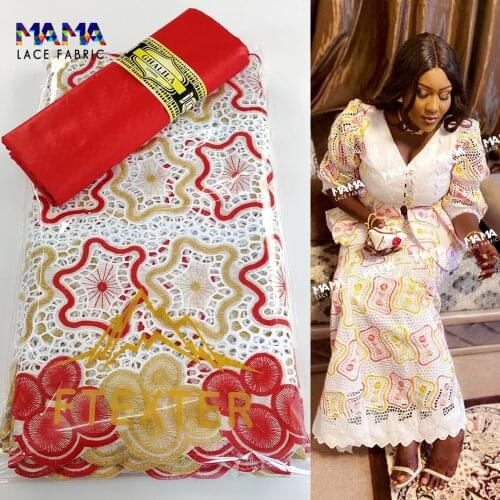 Red 2.5+2.5 Yards Dry Laces With Bazin Riche Sewing Swiss Voile Lace In Switzerland For Guinea Senegal African Wedding Fabrices