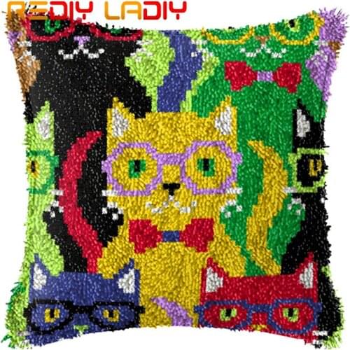 Latch Hook Cushion Cats with Glass Printed Canvas Cushion Front Acrylic Yarn Crochet Pillow Case Kit Sofa Bed Pillows Home Decor