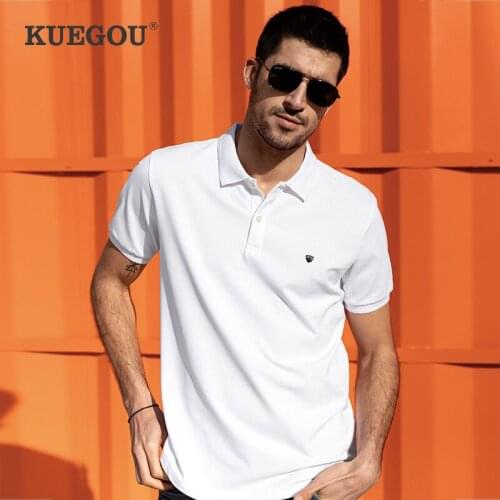 KUEGOU 2021 Summer Cotton Embroidery White Polo Shirt Men Fashions Short Sleeve Slim Fit Poloshirt Male Clothes Brands Top 90029