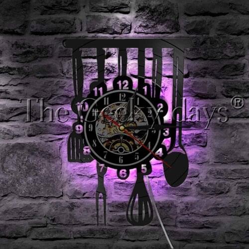 Kitchen Knife Fork Spoon Vinyl Record Wall Clock Modern Wall Lamp Restaurant Decor Cutlery Utensil LED Hanging Lamp